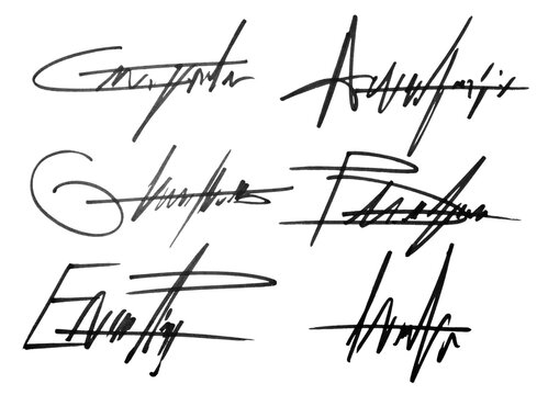 Collection of various black ink autographs and realistic signatures set, abstract handwritten names template, business contract and legal document element collection, isolated on white background