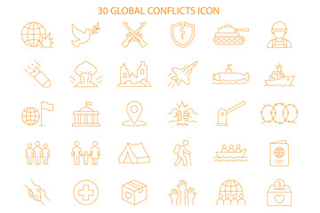 Obraz premium global conflicts icon set. Outline icons collection. Editable stroke. Vector illustration
