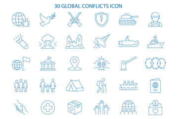 Obraz premium global conflicts icon set. Outline icons collection. Editable stroke. Vector illustration
