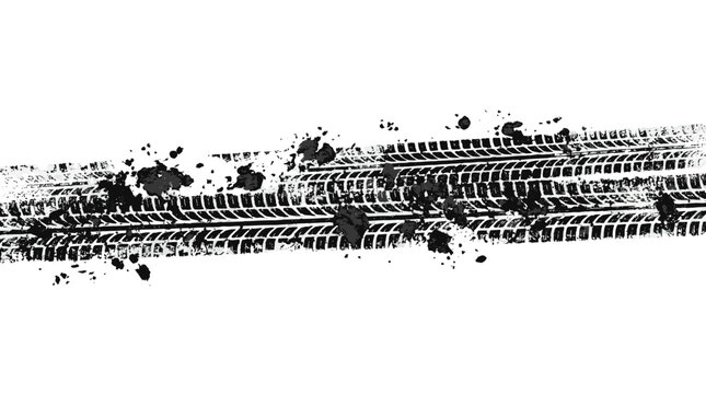 Black tire track with mud splatter isolated on white