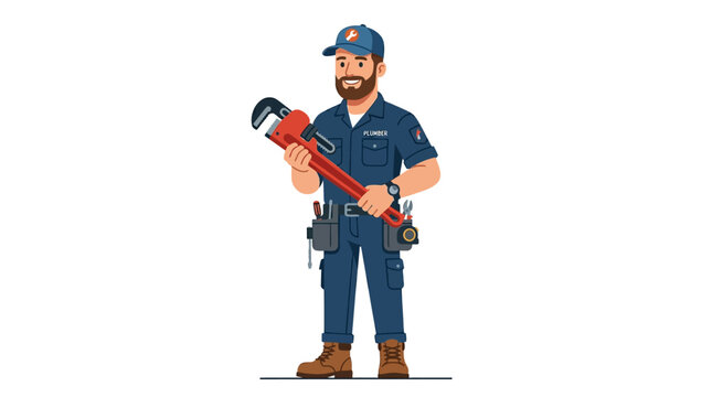 Illustration of a plumber wearing a blue uniform and cap, holding a large adjustable wrench, standing against a clean white background with a professional and service-oriented mood.