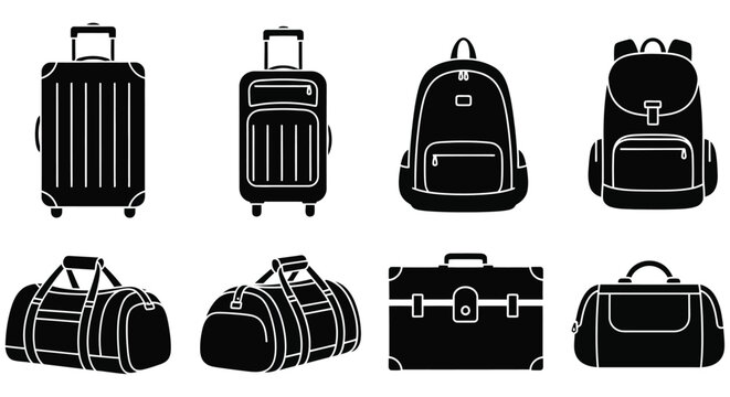 Assortment Of Travel Bags In Black Silhouette Style baggage