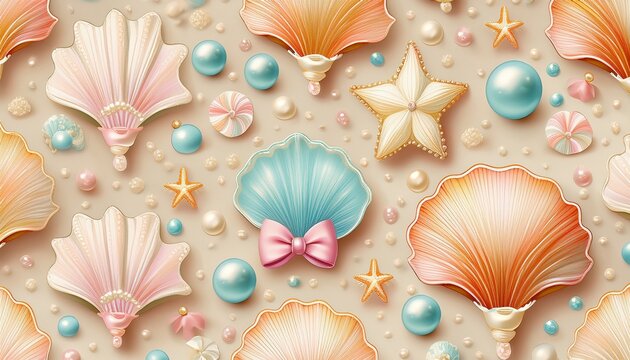 coquette seashell seamless pattern with pastel bows starfish and pearls on soft cream background