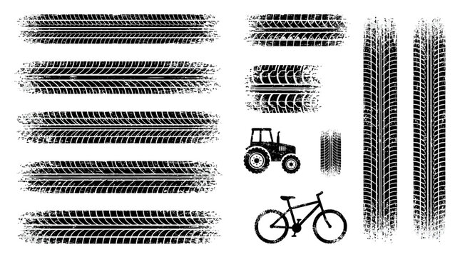 Black grunge tire track set with tractor and bicycle marks