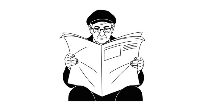 Senior Man Reading Newspaper Outdoors.