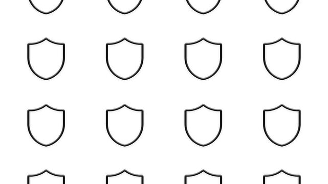Abstract background featuring multiple shield icons moving in a rhythmic grid pattern in black white.
