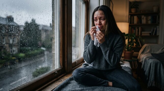 Young woman crying while holding a tissue sitting by the window on a rainy day.