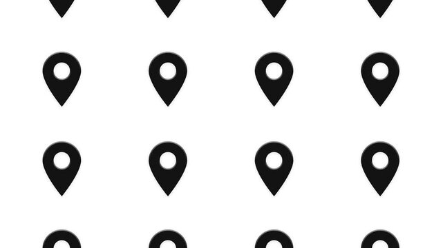 Black map location pin icon pattern moving vertically on white background seamless motion graphics.