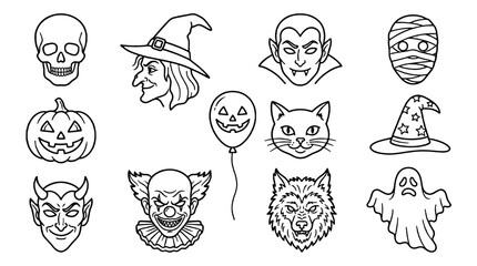 Fototapeta premium Halloween outline icon set with spooky character faces