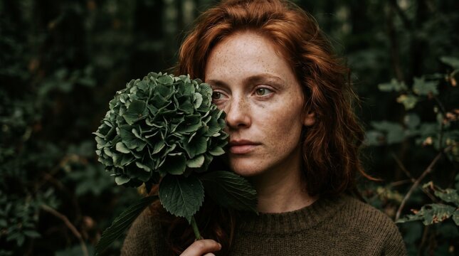 Young woman holding hydrangea flower in forest outdoors.