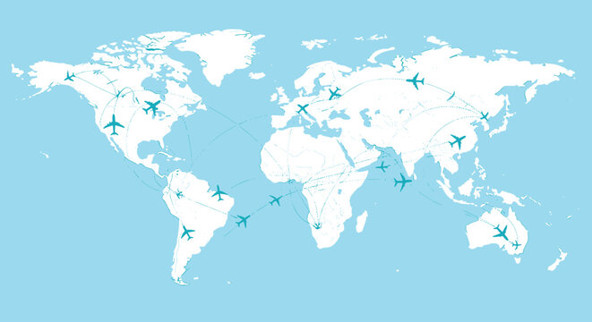 Detailed world map showing international flight routes with airplane icons connecting continents on a light blue background.