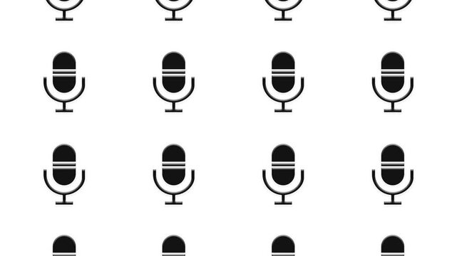 Animated pattern of black vintage microphones moving slowly on white background for podcast broadcast.