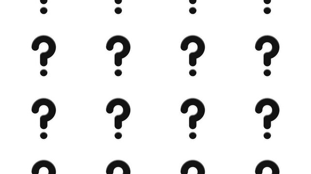 Seamless pattern of black question marks floating on a white background motion graphics.