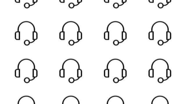 Animated pattern of black headset icons moving across bright white background motion graphic footage.