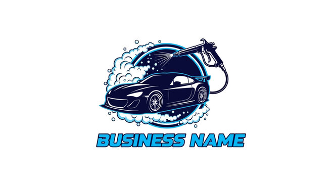 Dynamic automotive cleaning service emblem featuring a sleek sports car, high-pressure washing nozzle, and foamy suds, ideal for branding a modern auto spa or detailing business