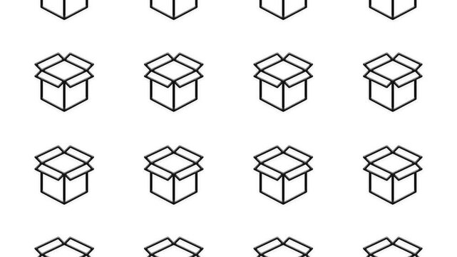 Seamless looping pattern of cartoon open cardboard boxes on a white background, concept of delivery.