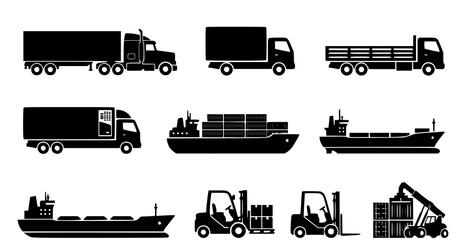 Fototapeta premium Collection of cargo transportation vehicles and logistics icons