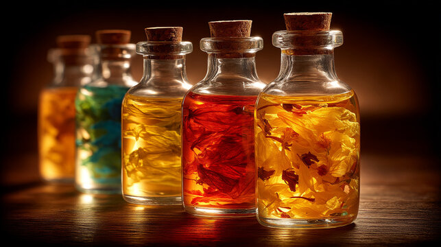 Small glass bottles filled with colored potions and dried botanical ingredients