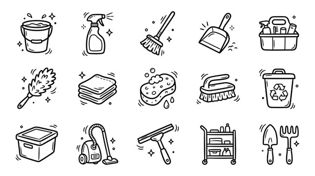 Cleaning tools and equipment icons set.