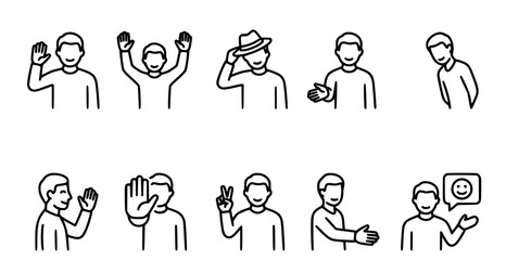 Diverse gesture icons set hand signals greetings communication and positive interactions line art collection © aliful