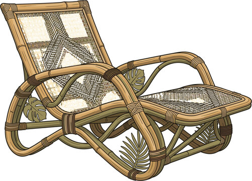 Boho rattan lounge chair vector illustration with tribal pattern woven mesh and tropical palm leaf ornaments isolated graphic