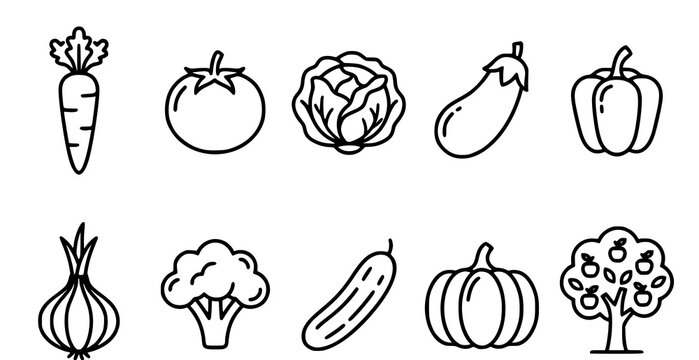 Vegetable garden line icons set carrot tomato cabbage eggplant pepper onion broccoli cucumber pumpkin and tree