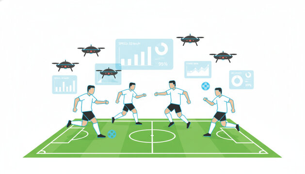 Soccer players running on a green field while hovering drones and digital data charts display real-time performance metrics and speed statistics overhead.