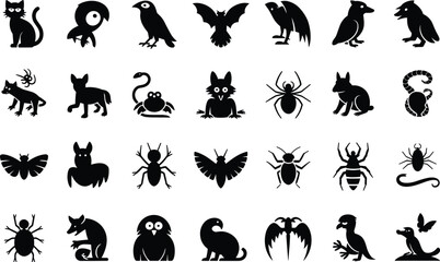Obraz premium Set of various animals, birds, insects and creatures in silhouette style on white background