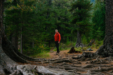 Obraz premium Caucasian male hiker exploring forest trail in autumn, Outdoors boy go to trip vanlife