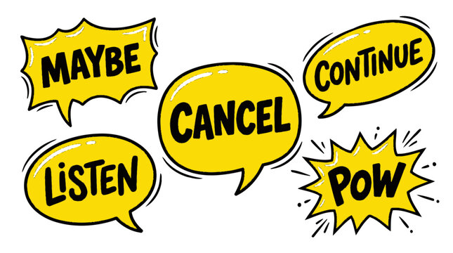 Bold comic speech bubbles with instruction words.