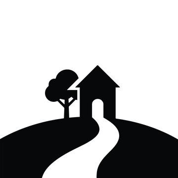 Black silhouette of a house with a tree winding path and rolling hills on a white background shape tree