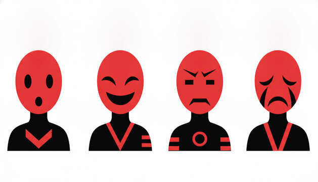 Four stylized red masks displaying distinct emotional expressions of surprise happiness anger and sadness arranged horizontally for psychological or theater concepts.