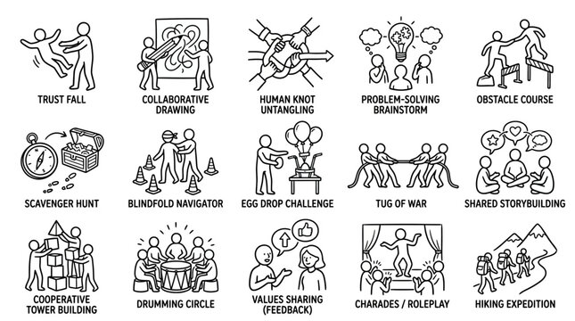 People doing various teamwork activities.