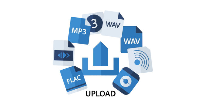 Audio File Upload Concept with MP3, WAV, and FLAC Format Icons
