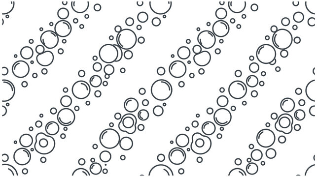 Diagonal pattern of round soap bubbles floating on clean white background.