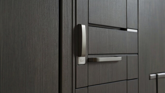 A detailed shot focusing on the sleek handles and knobs of grey cabinetry in a minimalist kitchen, showcasing precision and simplicity.
