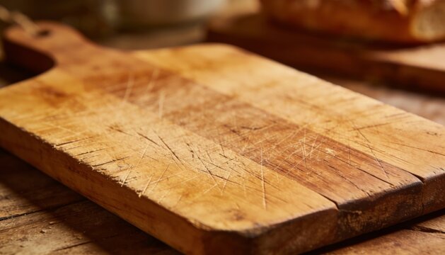 Retro kitchen breadboard close up with worn surface and warm rustic wood grain texture