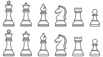 Classic chess pieces set in outline style including king queen pawn. © abedin
