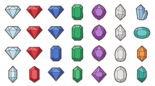 Set of colorful faceted gemstone icons in different shapes