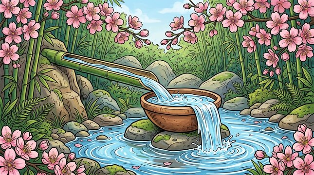 Serene garden stream with bamboo and cherry blossoms