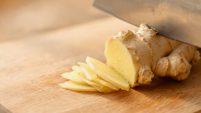 Sharp knife slices fresh ginger root into thin pieces on wooden cutting board for cooking preparation in kitchen setting with shallow depth of field focus
