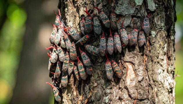 A Swarm of Spotted Lanternflies Clustered on Rough Tree Bark, Highlighting Their Invasive Nature