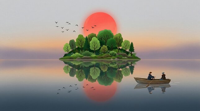 Sunset lake scene with people in a boat and island