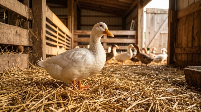 White duck standing in a wooden barn on a farm with a flock.
