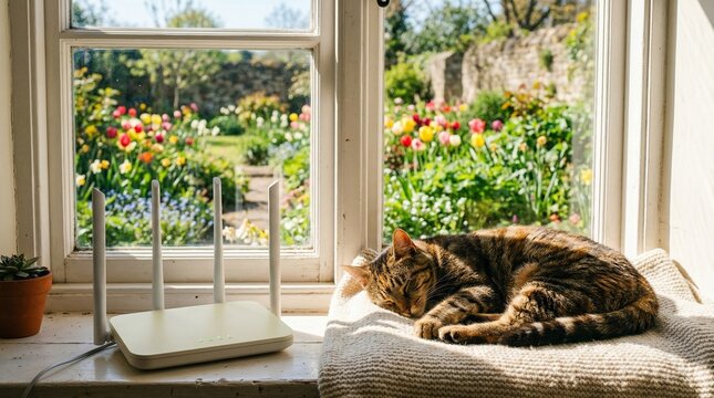 Sleeping cat beside internet router on windowsill overlooking spring garden.
