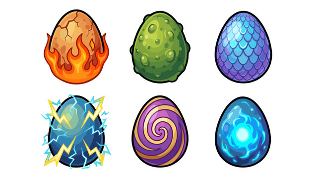 Set of six colorful fantasy dragon eggs in cartoon vector style