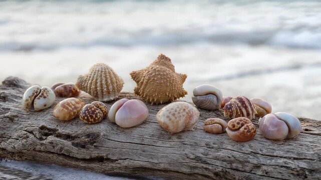 Artful Collection of Polished Seashells and Starfish Arranged on Weathered Driftwood by the Ocean