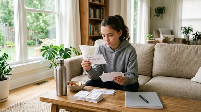 Teenage girl studying with flashcards at home in the living room.