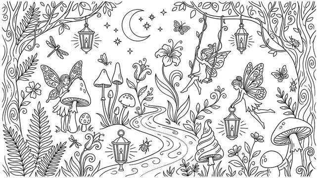 Outline doodle magic forest with fairies and mushrooms isolated on white.