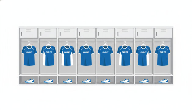 Interior view of locker room with grey metal cabinets and hanging azure jerseys plus footwear for facility preparation or changing room design concepts.